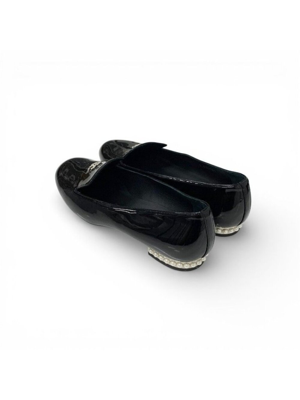 Chanel Loafers Leather Shoes Patent Black Silver CC Logo Pearl Opera Flat - Picture 4 of 10